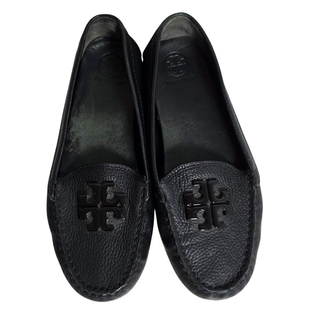 Tory Burch Lowell 2 Driver Loafers Women’s 7M Black Pebbled Leather Tonal Logo